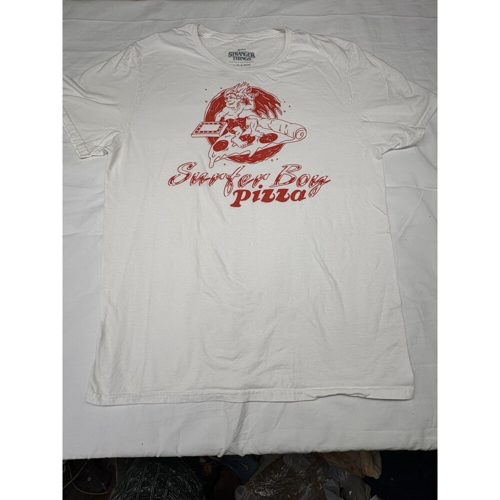 Stranger Things Shirt Mens L White Surfer Boy Pizza Graphic Tagless Cotton
